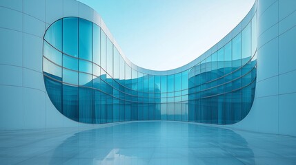 Poster - A striking modern structure features a flowing glass facade, harmoniously blending with the serene blue sky and reflecting the urban landscape