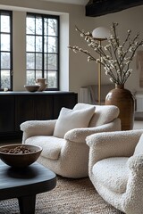 Wall Mural -  Minimalist, scandinavian interior design of modern living room. Two boucle armchairs near round black coffee table. 