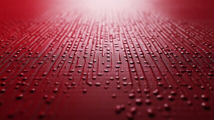 Poster - Water droplets creating textured pattern on red surface with light beams