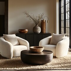 Wall Mural -  Minimalist, scandinavian interior design of modern living room. Two boucle armchairs near round black coffee table. 