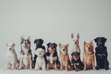 Wall Mural - A cheerful assembly of dogs of different breeds and sizes sits closely together, ready for a fun group moment. Generative AI