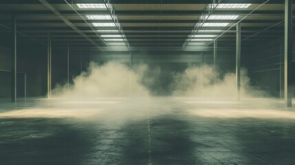 Canvas Print - An empty warehouse with fog coming out of the ceiling