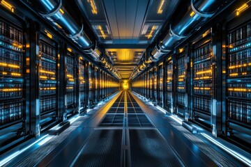 Poster - High-tech server room with illuminated rows of data storage equipment