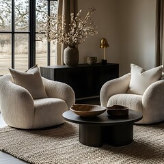 Wall Mural -  Minimalist, scandinavian interior design of modern living room. Two boucle armchairs near round black coffee table. 