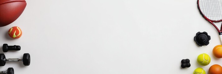 Poster - Collection of sports gear including a football, dumbbells, and a tennis racket on a blank surface, providing ample space for text or advertising. Generative AI