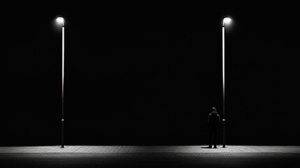 Aufkleber - A lone person is positioned on an empty street, illuminated by streetlights. The surrounding area is enveloped in darkness, creating a stark contrast. Generative AI