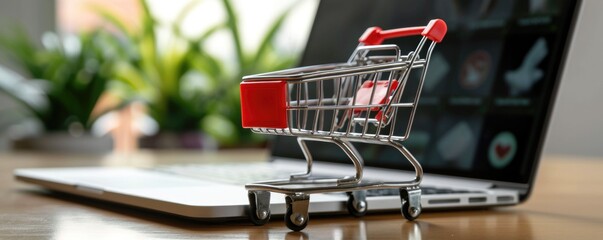 Small shopping cart on a laptop keyboard. Concepts about online shopping that consumers can buy things directly from their home or office just using a few clicks via web browser.