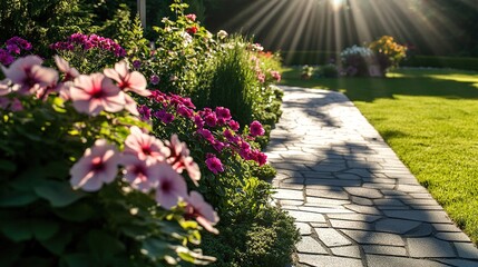 Wall Mural - sunlight beams over garden path with vibrant flowers.