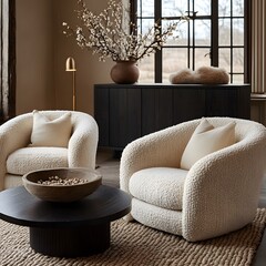 Wall Mural -  Minimalist, scandinavian interior design of modern living room. Two boucle armchairs near round black coffee table. 