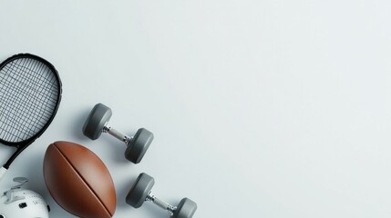 Aufkleber - Collection of sports equipment including a football, dumbbells, and a tennis racket, set against a blank background for your custom message. Generative AI