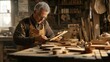 © Ruslan Gilmanshin - Senior craftsman in leather apron carefully examining woodwork in traditional workshop. Warm natural lighting illuminates authentic artisan workspace filled with tools and materials