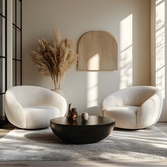 Wall Mural -  Minimalist, scandinavian interior design of modern living room. Two boucle armchairs near round black coffee table. 