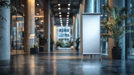 Aufkleber - A sleek roll-up standee banner stands elegantly in a contemporary hallway adorned with greenery, creating a welcoming atmosphere for visitors