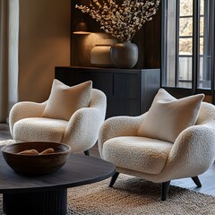 Wall Mural -  Minimalist, scandinavian interior design of modern living room. Two boucle armchairs near round black coffee table. 