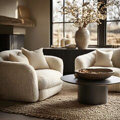 Wall Mural -  Minimalist, scandinavian interior design of modern living room. Two boucle armchairs near round black coffee table. 