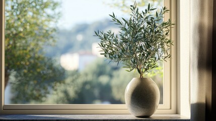 Canvas Print - an olive tree in a vase on the window sill