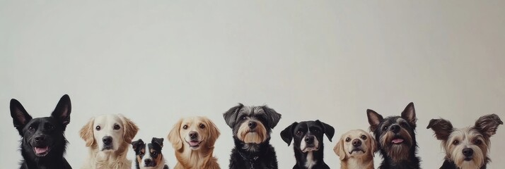 Poster - A variety of dogs of different breeds and sizes sit closely together against a neutral backdrop, ready for interaction or text overlay. Generative AI