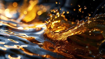 Poster - A close-up of shimmering golden liquid creating splashes and ripples.