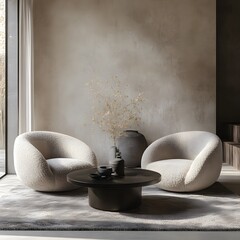 Wall Mural -  Minimalist, scandinavian interior design of modern living room. Two boucle armchairs near round black coffee table. 
