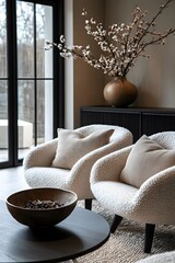 Wall Mural -  Minimalist, scandinavian interior design of modern living room. Two boucle armchairs near round black coffee table. 