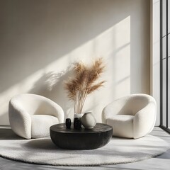 Wall Mural -  Minimalist, scandinavian interior design of modern living room. Two boucle armchairs near round black coffee table. 