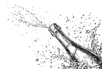 champagne bottle with exploding drink in a hand drawn illustration style