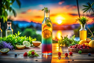Poster - Captivating Gradient Cocktail in Sleek Bottle Mockup: A Colorful Blend of Refreshing Drinks Perfect for Summer Gatherings and Evening Parties