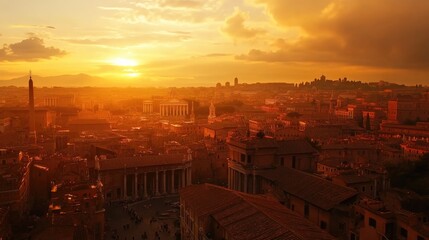 Canvas Print - Ancient Rome at sunset, aerial view of old buildings and ruins in summer. Beautiful panorama of historical city houses, sky and sun. Concept of Roman Empire, antique, travel, skyline