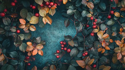 Poster - Red berries and colorful autumn leaves creating a frame on teal background