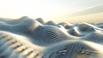 Poster - Futuristic white mesh grid landscape forming gentle hills under bright sunlight