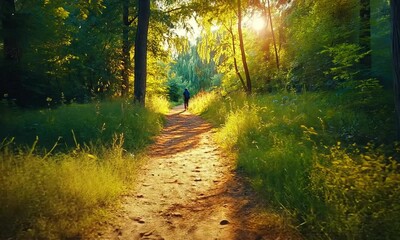 Wall Mural - serene forest path illuminated by sunlight.