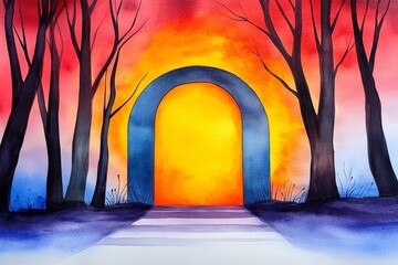 Poster - A dreamy watercolor depiction of a glowing magical door in a forest, with light spilling through and blending into the vibrant colors