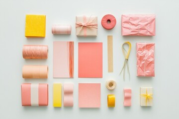 Poster - Beautiful arrangement of various gift wrapping materials including ribbons, papers, and cards offering space for custom messages. Generative AI