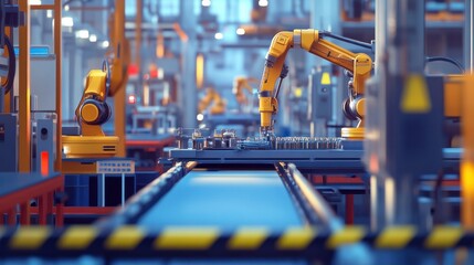 Wall Mural - High-angle interior shot of a manufacturing line: robotic arms assembling parts on a conveyor, safety barriers and signage visible