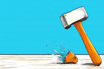 Poster - A flat 2D illustration of a wedding ring being broken by a hammer, drawn in bold lines and vibrant tones on a white background