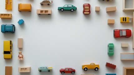 Aufkleber - Bright collection of colorful toy cars, wooden blocks, and dolls arranged in a flat lay on a white background, leaving room for text. Generative AI