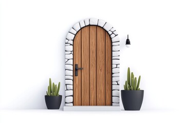 Poster - A flat design of a traditional wooden door surrounded by brick walls, illustrated with bold lines on a white background