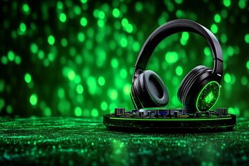 Aufkleber - A futuristic depiction of DJ headphones with glowing neon accents, connected to a holographic mixing deck in a high-tech club
