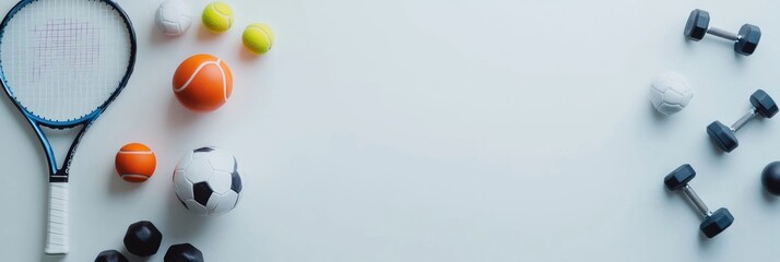 Poster - Sports equipment such as a tennis racket, football, and dumbbells are neatly arranged, leaving ample blank space for additional text or information. Generative AI