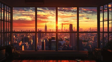 Canvas Print - Anime Aesthetic Cityscape with Shady Windows and Vibrant Skyline