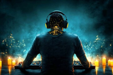 Poster - A gothic portrayal of a DJ wearing dark, ornate headphones, with intricate patterns and dim candlelight illuminating a shadowy club