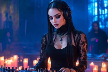 Poster - A gothic portrayal of a female DJ with dark, ornate headphones and dramatic lighting, performing in a shadowy club surrounded by candles