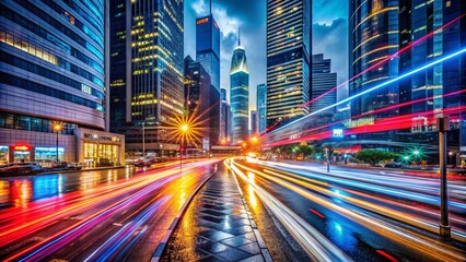 Poster - Captivating Light Trails on Modern City Streets at Night - A Stunning Display of Urban Energy and Motion with Colorful Illuminations Against a Dark Backdrop