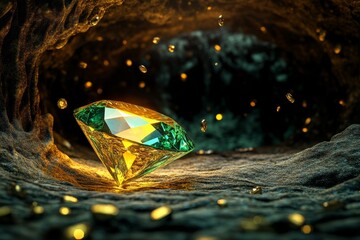 Aufkleber - A magical diamond glowing with inner light, surrounded by floating sparkles and mystical auras in an enchanted cave