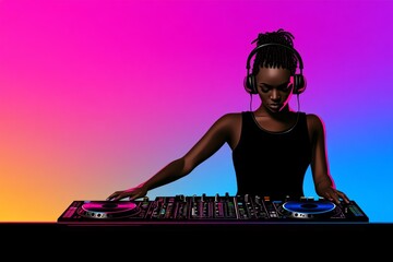 Aufkleber - A minimalist flat design of a female DJ silhouette wearing headphones, with clean lines and vibrant neon colors