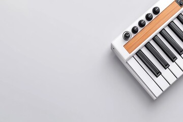 Poster - A minimalist view of a synthesizer with its sleek keys and adjustable knobs, isolated on a white background to highlight its modern design and features