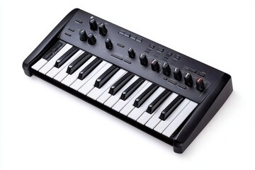 Poster - A minimalist view of a synthesizer with its sleek keys and adjustable knobs, isolated on a white background to highlight its modern design and features