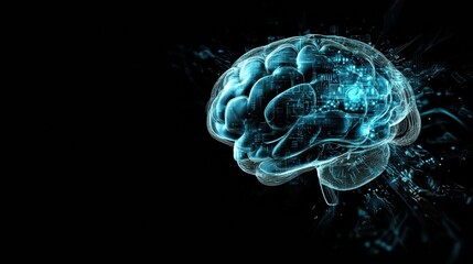 Poster - A digital brain merges seamlessly with circuits and holographic elements, symbolizing the fusion of biology and technology in a modern context. Generative AI