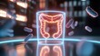 © Worldwide - Probiotic Health for Daily Wellness concept. A glowing representation of the human colon surrounded by bacteria, illustrating microbiome interactions in a digital, futuristic setting.