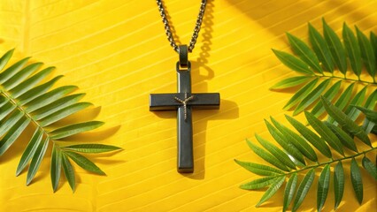 Poster - Black Cross Pendant with Green Leaves on Yellow Fabric